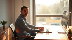 Person sitting at minimalist wooden desk by large window, morning sunlight streaming across workspace, focused expression, cup of water nearby, blurred outdoor scenery visible, calm professional environment, photorealistic, high resolution, warm natural lighting