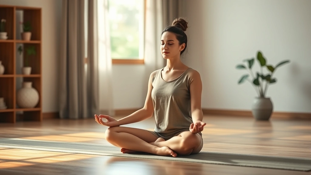 Person meditating in peaceful environment, sitting cross-legged on floor, serene indoor setting with soft natural light, calm facial expression, no visible text or devices, photorealistic high quality