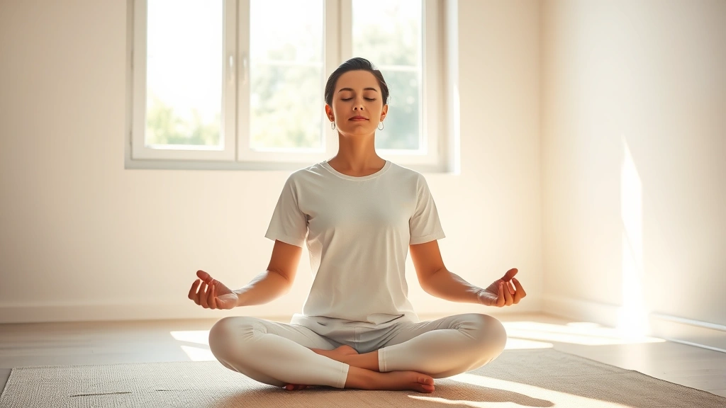 Person meditating peacefully in bright natural light, cross-legged on floor near large windows, serene facial expression, morning sunlight streaming in, calm neutral background, photorealistic