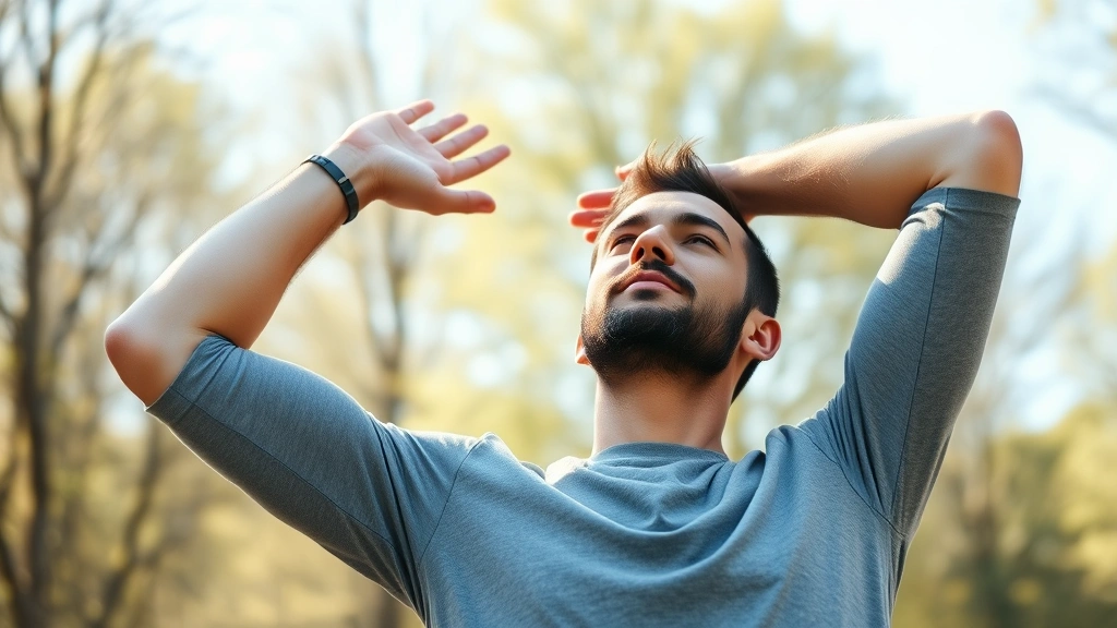 Man taking a focus renewal break outdoors, stretching arms up with trees in background, bright daylight, relaxed posture, natural environment, calm expression, photorealistic
