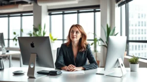 Professional woman in modern Chicago office workspace, sitting at minimalist desk with natural light from windows, focused expression, calm environment with plants, no visible screens or text, natural lighting emphasizing mental clarity