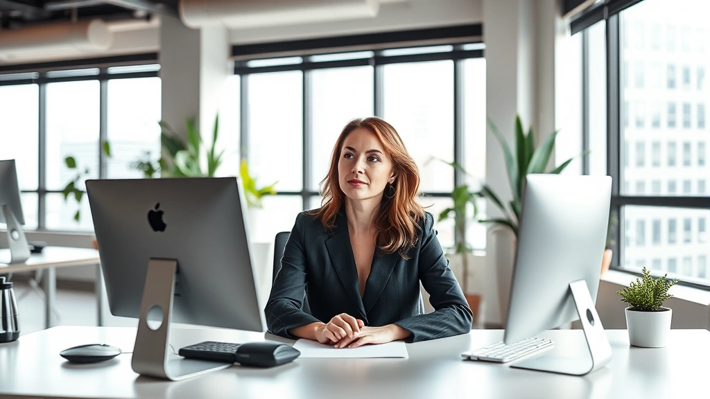 Professional woman in modern Chicago office workspace, sitting at minimalist desk with natural light from windows, focused expression, calm environment with plants, no visible screens or text, natural lighting emphasizing mental clarity