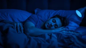 Person sleeping peacefully in a dark bedroom with cool blue tones, showing deep relaxation and restful sleep, photorealistic, no text or clocks visible
