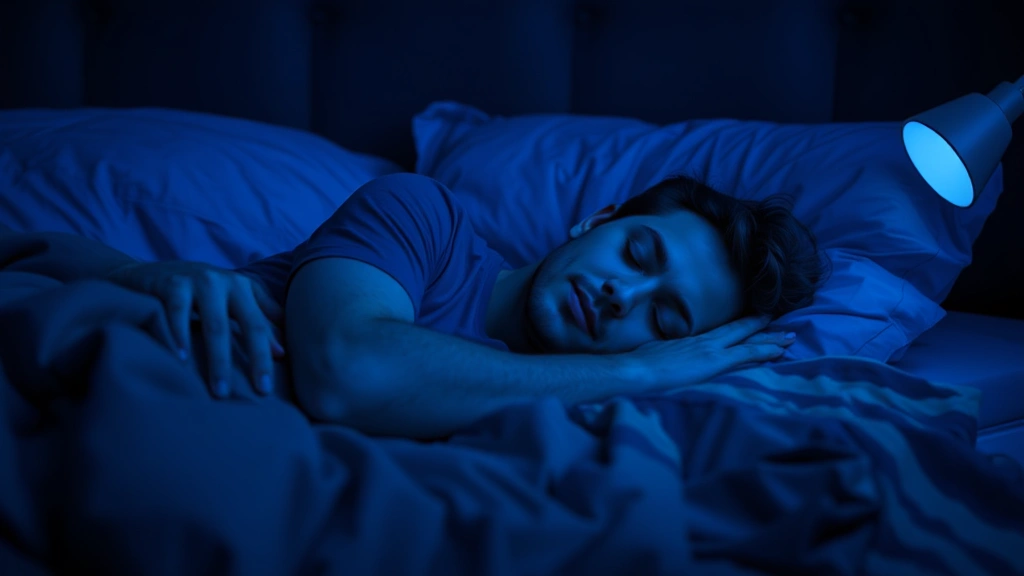 Person sleeping peacefully in a dark bedroom with cool blue tones, showing deep relaxation and restful sleep, photorealistic, no text or clocks visible