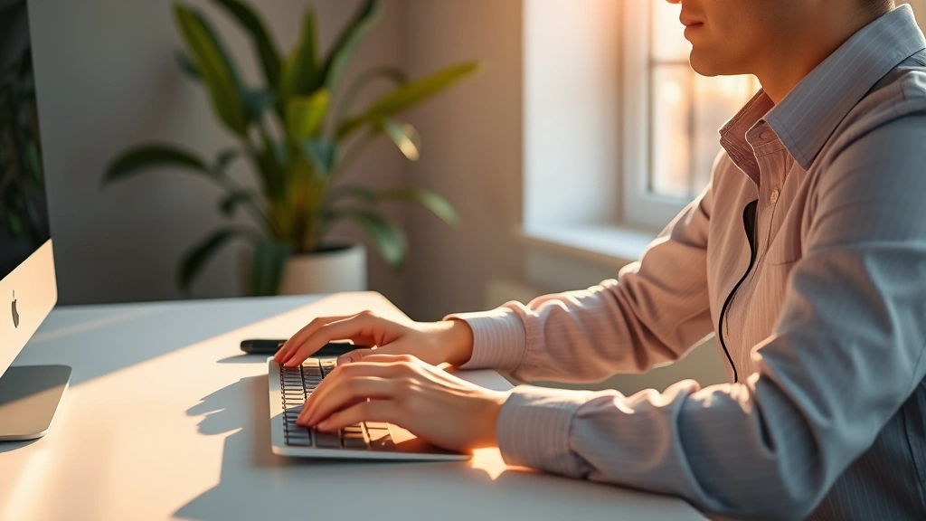Person sitting at minimalist desk with hands on keyboard, golden hour sunlight, peaceful focused expression, professional workspace with plant in background