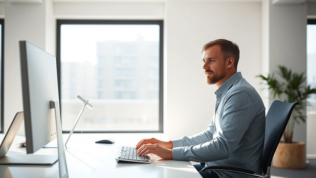 Person in bright modern office workspace, sitting at clean desk with natural light streaming through large windows, focused expression, hands on keyboard, minimalist environment, professional atmosphere, photorealistic, no text or screens visible