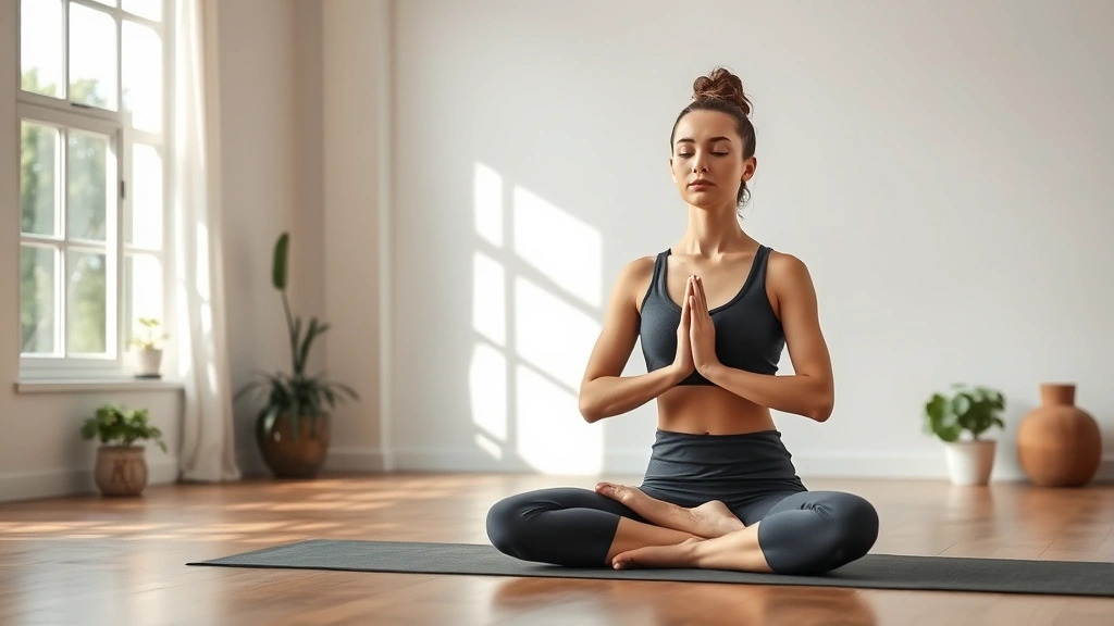 Person doing yoga or meditation in peaceful yoga studio setting, serene expression, natural light, wooden floors, plants visible, embodying mental focus and calm, photorealistic, no text or signage visible