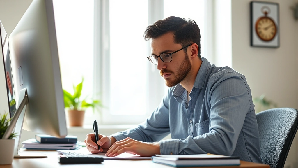Someone sitting at a desk with clear focus and concentration, bright morning light from window, alert expression, working on a task with visible mental clarity