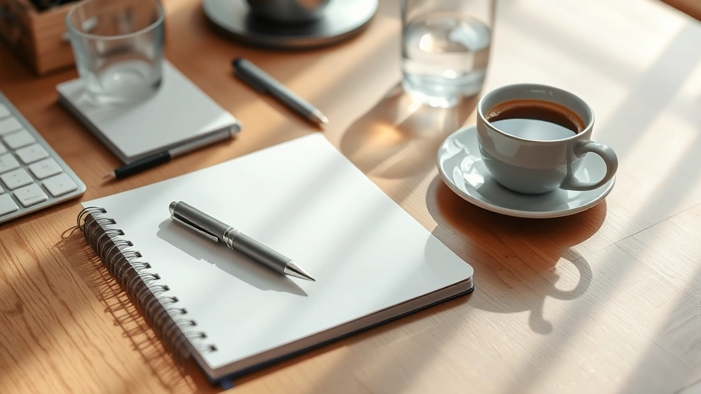 Workspace detail shot showing organized desk surface with notebook, pen, water glass, morning coffee, natural light creating soft shadows on wood surface