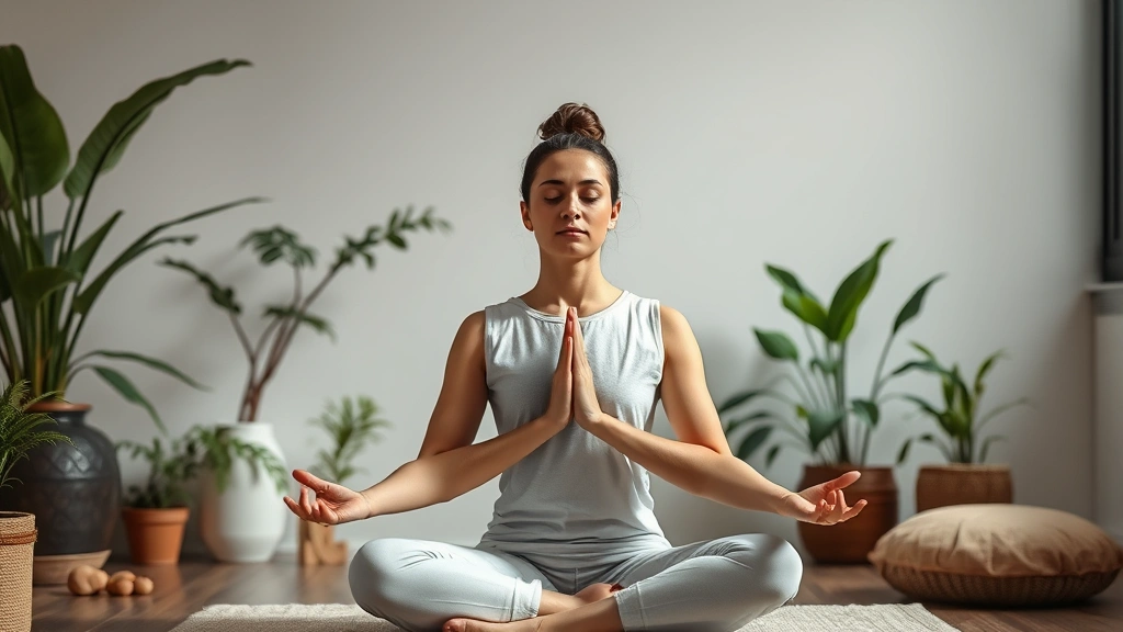 Individual practicing meditation in serene room with plants, soft natural lighting, peaceful posture, calm facial expression, comfortable cushion seating, botanical elements, tranquil environment, photorealistic, no text or clocks