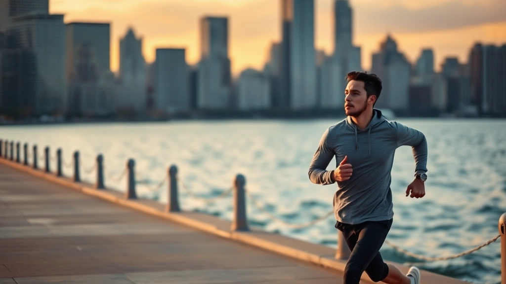 Active professional jogging along Chicago's lakefront near Lake Michigan, sunrise or golden hour lighting, determined focused expression, urban skyline blurred in background, motion suggesting vitality and mental clarity