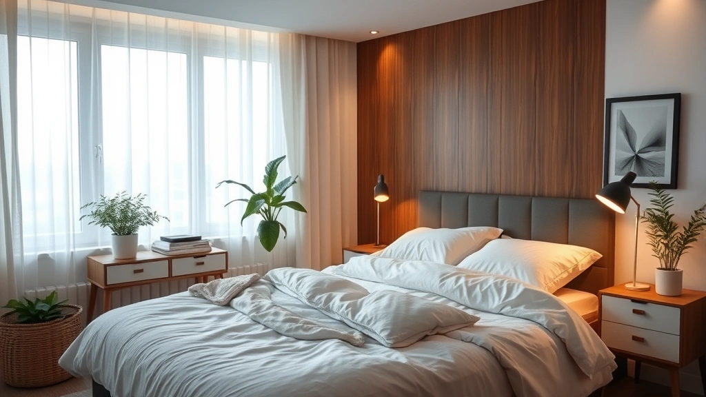 Peaceful bedroom environment with optimal sleep conditions - cool lighting, organized space, comfortable bedding, serene and calming atmosphere promoting quality sleep