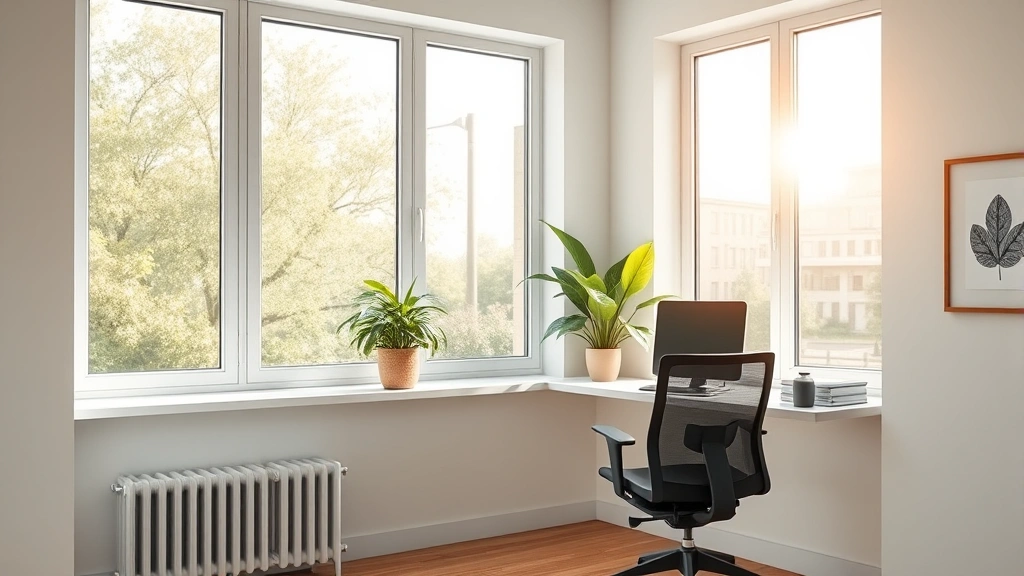 Sunlit corner office space with large windows, green plant on shelf, comfortable ergonomic chair, soft natural lighting creating calm productive atmosphere