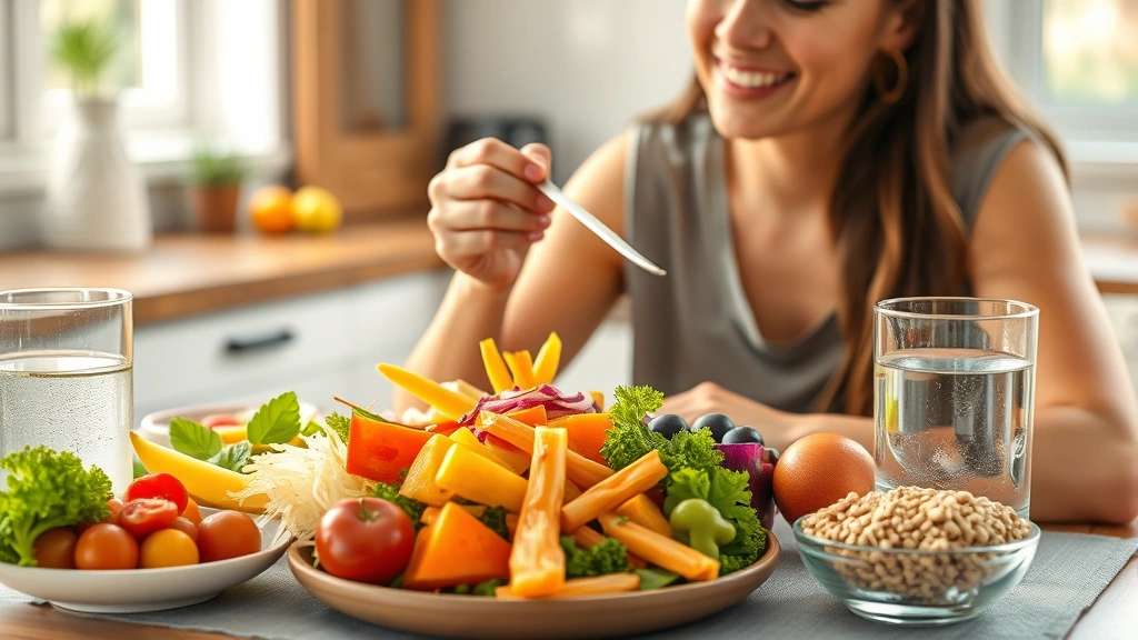 Person eating nutritious meal at table with colorful vegetables, fruits, whole grains, water glass, natural lighting, healthy food spread, satisfied expression, bright kitchen setting, photorealistic, no text or labels visible