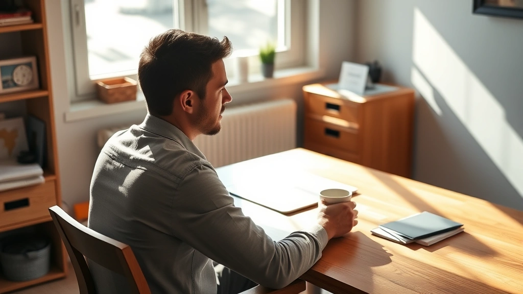 Person sitting at clean wooden desk with morning sunlight streaming through window, coffee cup nearby, focused expression, minimal background clutter, natural lighting highlighting concentration
