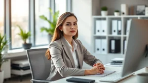 Professional woman in modern office workspace, sitting at desk with hands relaxed on desk, natural window light, peaceful focused expression, minimalist organized environment, depth of field blurred background, photorealistic, morning light atmosphere