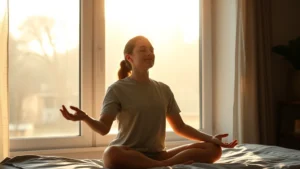 Person meditating peacefully in morning sunlight by large window, serene expression, calm bedroom environment with soft natural lighting, focused posture