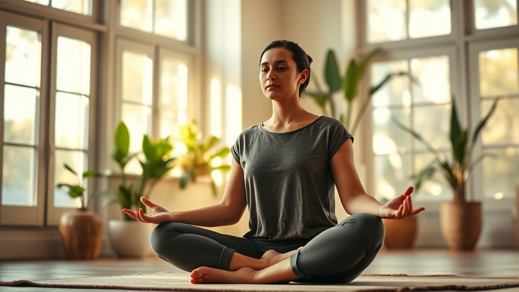 Person sitting cross-legged in meditation pose indoors, natural sunlight through windows, calm peaceful indoor setting, serene facial expression, comfortable clothing, plants visible in background, warm ambient lighting, photorealistic lifestyle photography