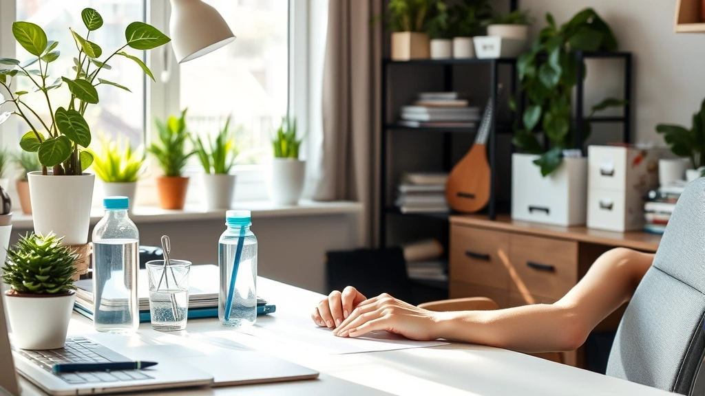Productive workspace desk with plants, water bottle, organized minimal clutter, natural light streaming in, person typing with concentrated posture