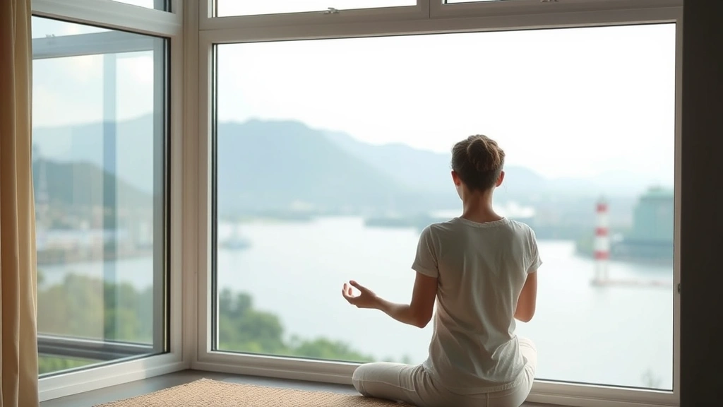 Someone in meditation pose by window overlooking calm landscape, peaceful expression, soft natural light, representing stress relief and mental calm essential for focus