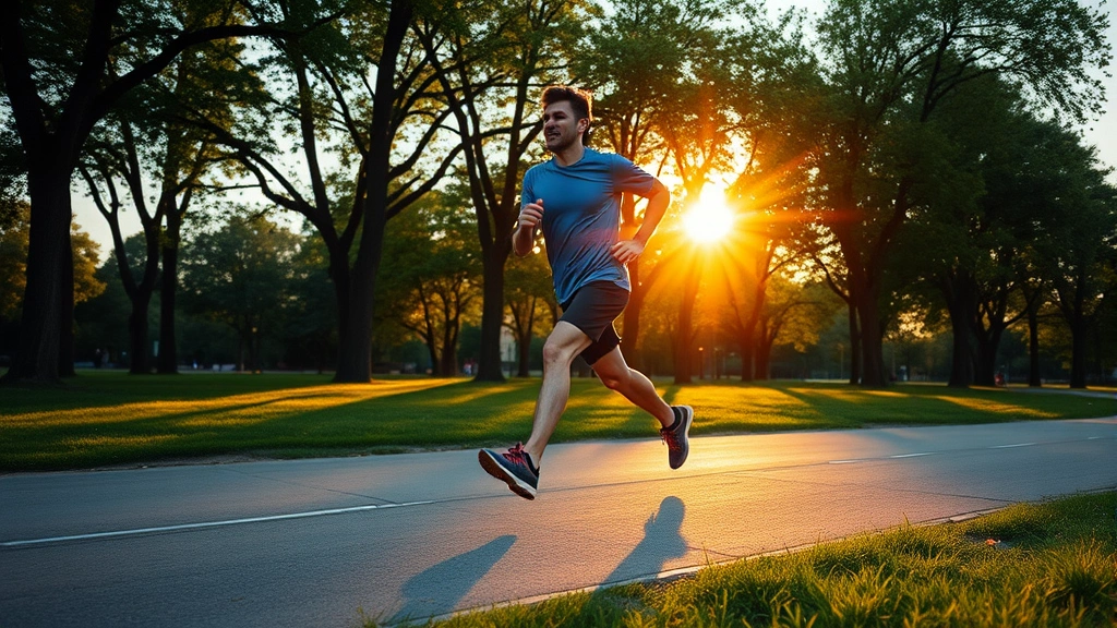 Person jogging outdoors in park during golden hour, athletic motion, healthy energetic expression, natural green environment with trees, morning or evening light