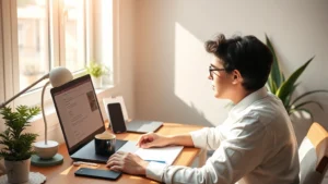 Person at wooden desk in bright morning sunlight, focused on work with coffee cup nearby, minimalist workspace with plants, photorealistic, warm natural lighting