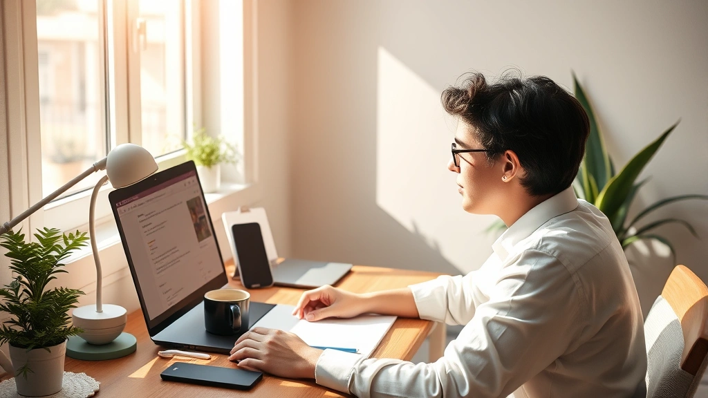 Person at wooden desk in bright morning sunlight, focused on work with coffee cup nearby, minimalist workspace with plants, photorealistic, warm natural lighting