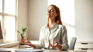 Professional woman at desk during morning light, eyes closed practicing mindfulness meditation, peaceful expression, minimalist workspace with single plant, warm natural lighting, completely calm focused state