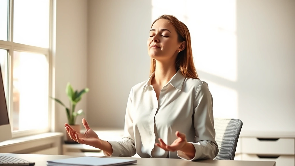 Professional woman at desk during morning light, eyes closed practicing mindfulness meditation, peaceful expression, minimalist workspace with single plant, warm natural lighting, completely calm focused state