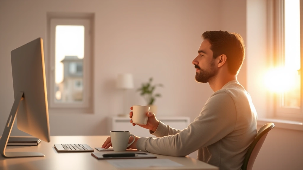 Person sitting at minimalist desk during golden hour morning light, holding warm beverage, completely focused on work with peaceful expression, bright natural window behind, single plant visible, clean organized workspace, no digital screens visible, warm ambient lighting, photorealistic professional photography