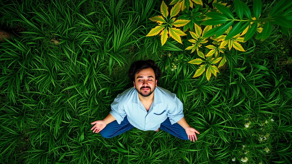 Top-down view of person meditating in nature with green grass and trees, peaceful expression, outdoor focus session, photorealistic natural environment