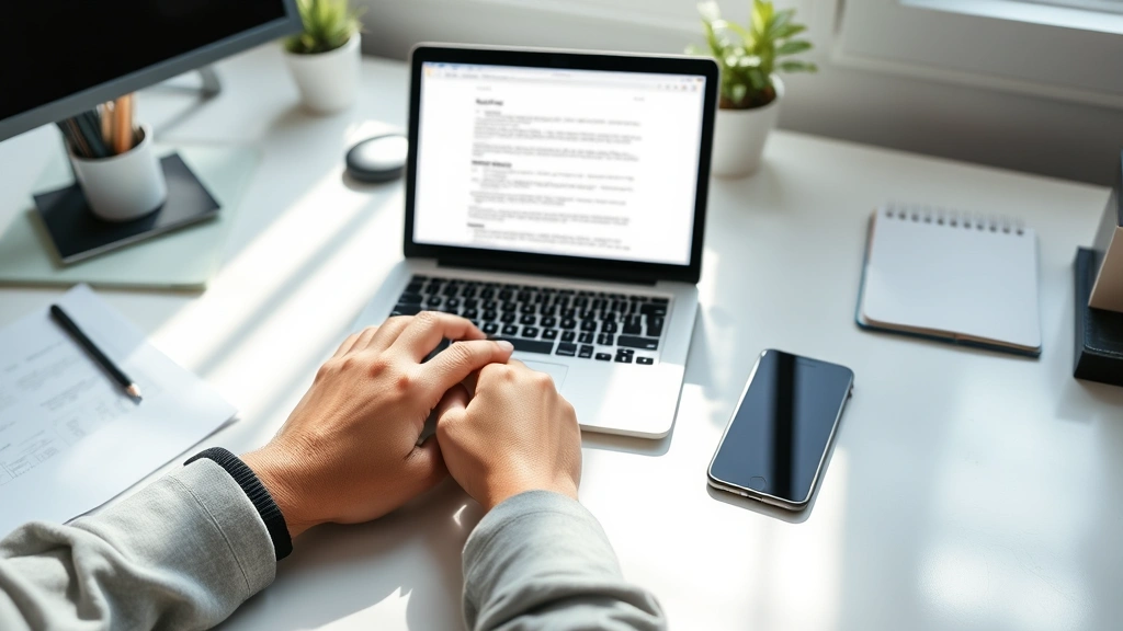 Person's hands on desk with phone placed at distance on another surface, laptop open with single document, organized workspace with single focused task visible, no distractions, clean desk environment, morning sunlight