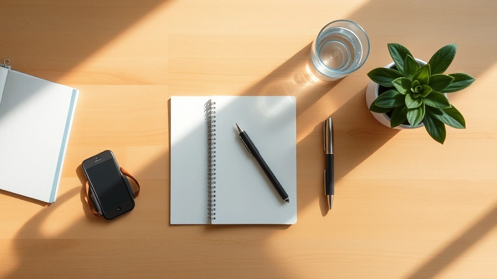 Overhead view of organized desk setup with notepad, pen, water glass, and single plant, early morning light streaming across surface, minimal objects, wooden desk surface, peaceful neutral tones, natural lighting, photorealistic calm workspace environment