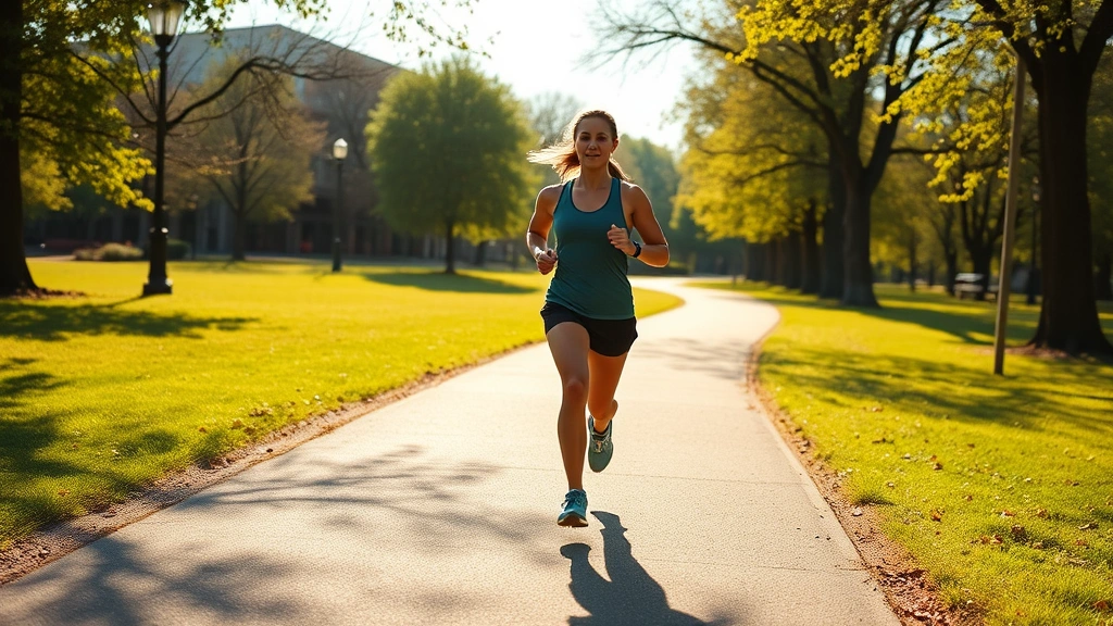 Person exercising outdoors on sunny day, jogging through park path, energetic posture, healthy lifestyle, photorealistic morning workout scene