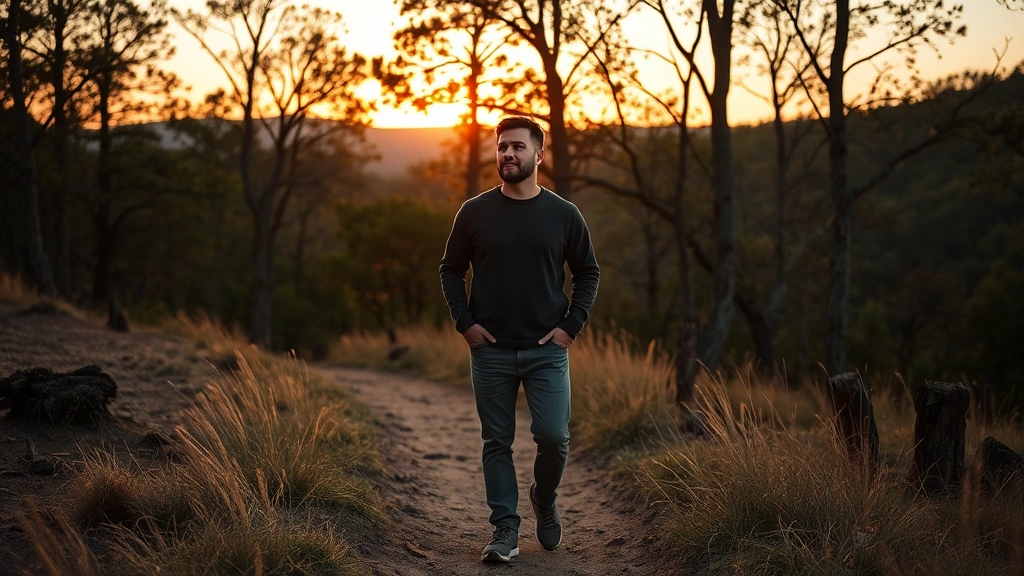 Man in nature during sunset walk, relaxed posture, trees and natural landscape background, completely at ease, no technology visible, restorative attention break moment, peaceful outdoor setting