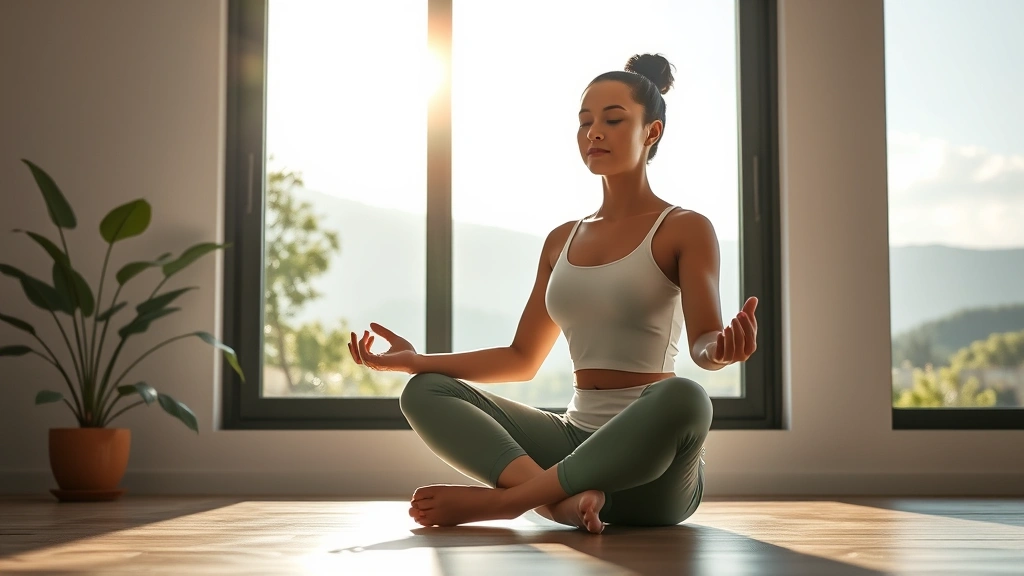 Person sitting cross-legged in meditation pose by large window with natural landscape view, sunlight coming through glass, serene expression, relaxed posture, minimalist room background, plants visible, peaceful indoor environment, photorealistic wellness photography