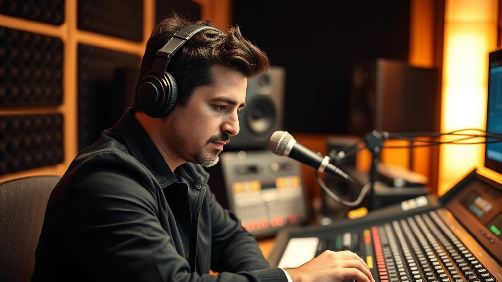 Professional musician in recording studio, focused expression, sitting at mixing console with hand on fader, warm studio lighting, acoustic foam visible, no visible text or screens