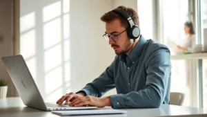 Person in professional setting wearing headphones, deeply focused on laptop work at clean desk with minimalist workspace, natural light streaming through window, calm concentrated expression, professional attire, morning light