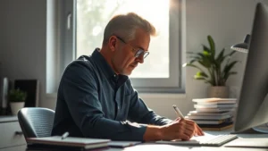 Person in deep concentration at desk with morning sunlight streaming through window, focused expression, minimal distractions, clean workspace, photorealistic, no text or clocks visible