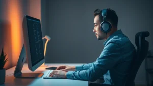 Person sitting at desk wearing headphones, eyes focused on computer screen, modern minimalist workspace with warm lighting, completely absorbed in work, no visible text or distractions