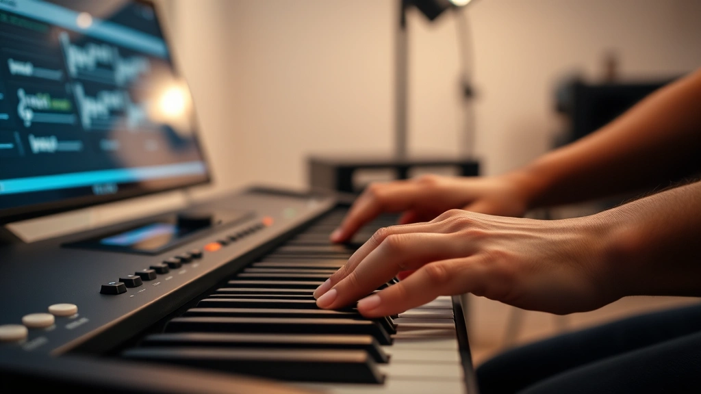 Close-up of hands typing on keyboard with subtle musical visualization in soft background, professional studio lighting, focused intensity, neutral background, modern workspace aesthetic