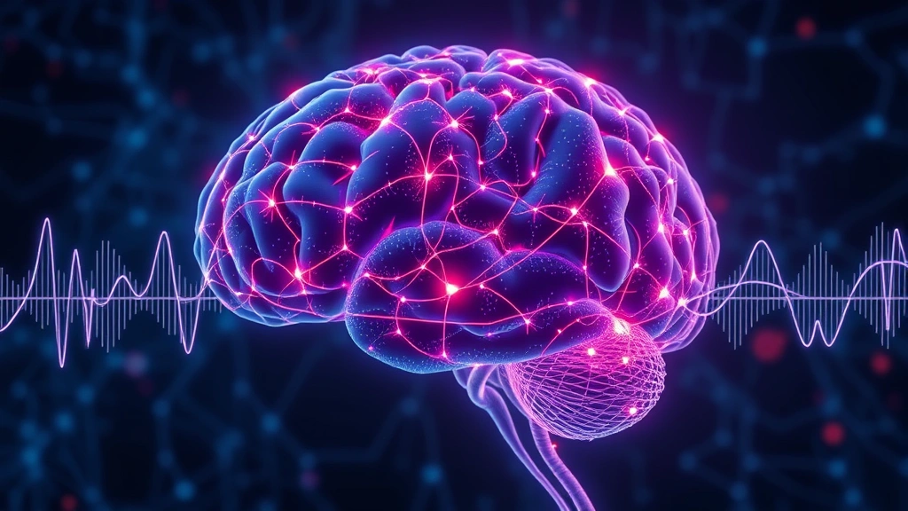 Brain visualization showing neural pathways lighting up in response to sound waves, abstract representation of music processing in the brain, deep blues and purples with glowing connections