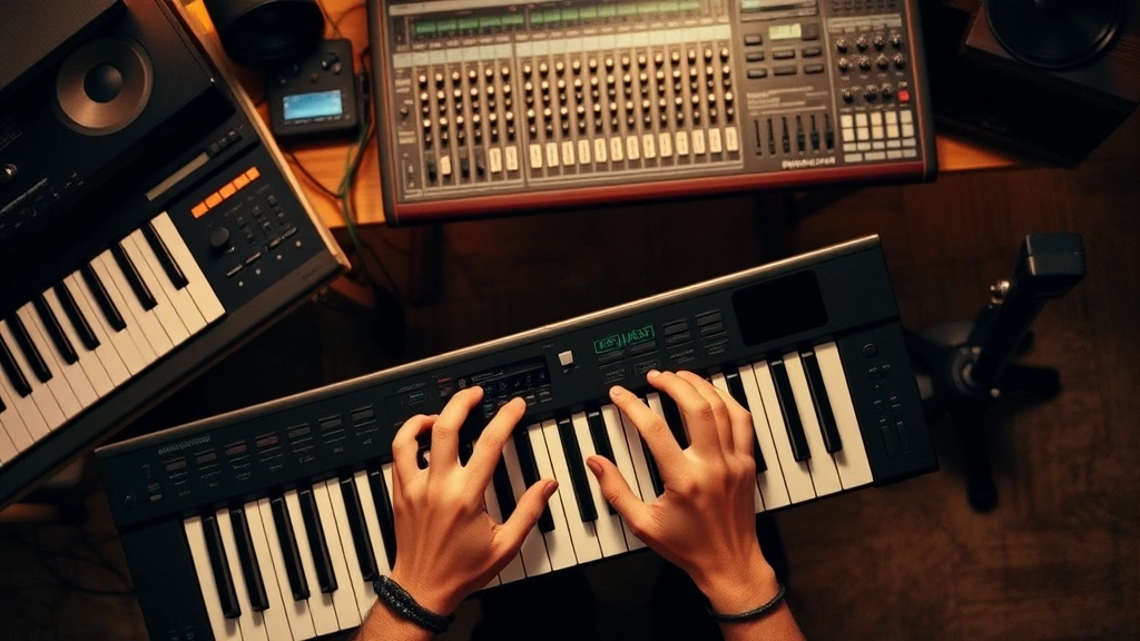 Overhead view of music production workspace with keyboard, mixing equipment blurred in background, hands positioned over keys in playing position, warm ambient lighting, no visible logos or text
