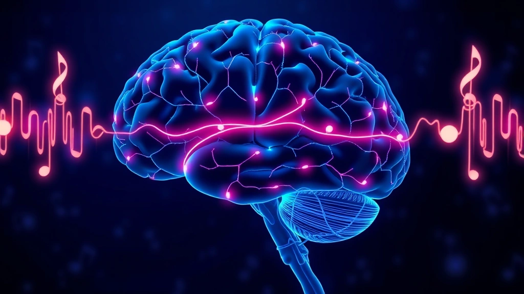 Brain visualization with glowing neural pathways and musical sound waves, representing cognitive activation during music listening, scientific illustration style, deep blues and purples, abstract neural network patterns