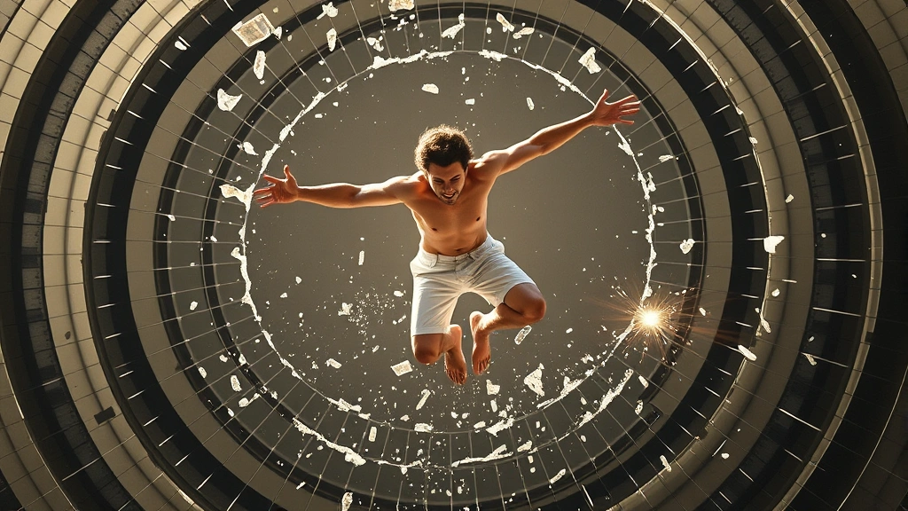 Individual breaking free from circular patterns, dynamic motion showing transformation, determination in posture, bright natural lighting, photorealistic human figure in moment of breakthrough