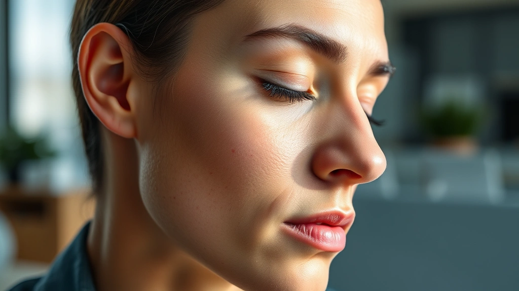 Close-up of person's face in profile showing peaceful concentration, eyes slightly closed, listening intently, natural lighting, calm serene expression, professional workspace setting in background