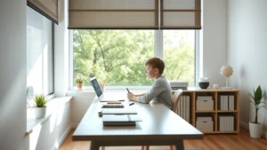 Child sitting at minimalist desk by large window with natural light, completely focused on homework, calm peaceful study environment, no distractions visible, photorealistic