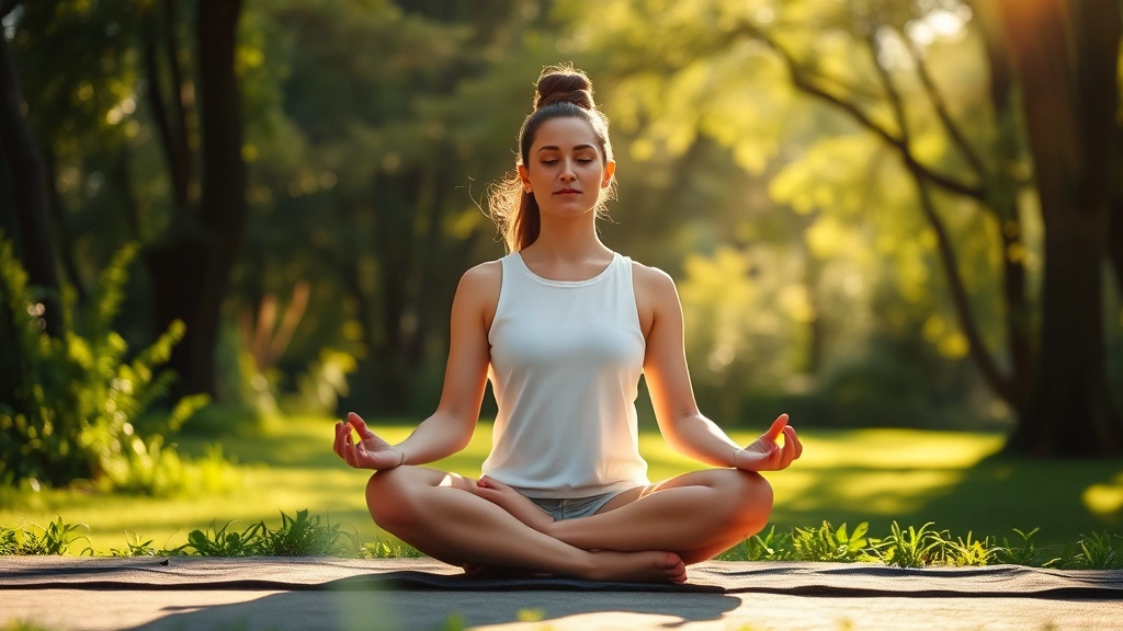 Person sitting peacefully in meditation pose in bright morning sunlight, surrounded by calm natural environment, demonstrating relaxed concentration and mental clarity