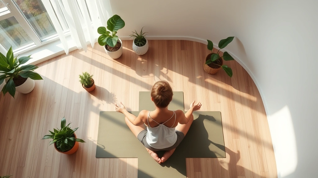 Overhead view of someone meditating on a yoga mat in a minimalist room with plants, natural wooden flooring, morning sunlight, peaceful and focused body language