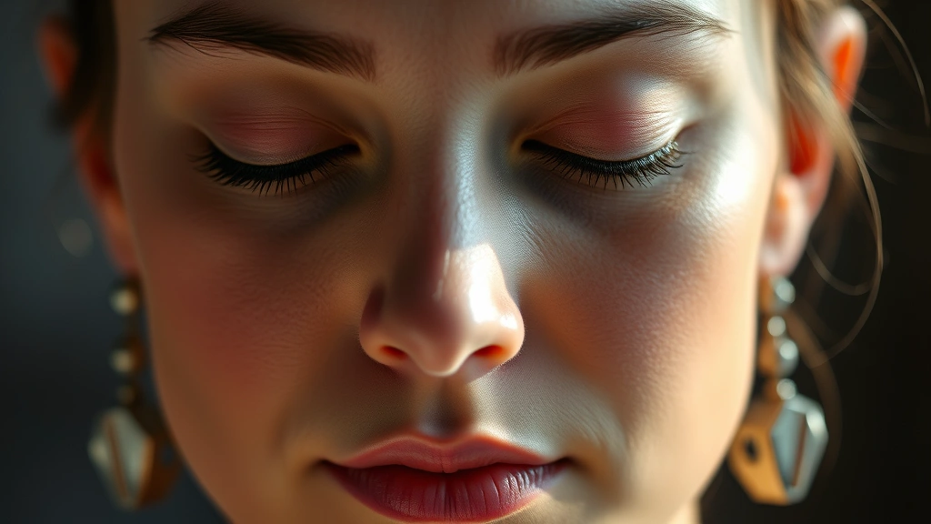 Close-up of someone's face during focused meditation, showing calm expression and peaceful demeanor, soft natural lighting emphasizing serene concentration